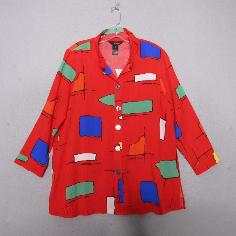 Ali Miles Tunic Top Medium Red Abstract Geometric Art To Wear Wired Collar Relax